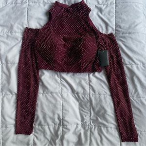 New La Femme Beaded High Neck cold shoulder long sleeve crop top size 2 formal